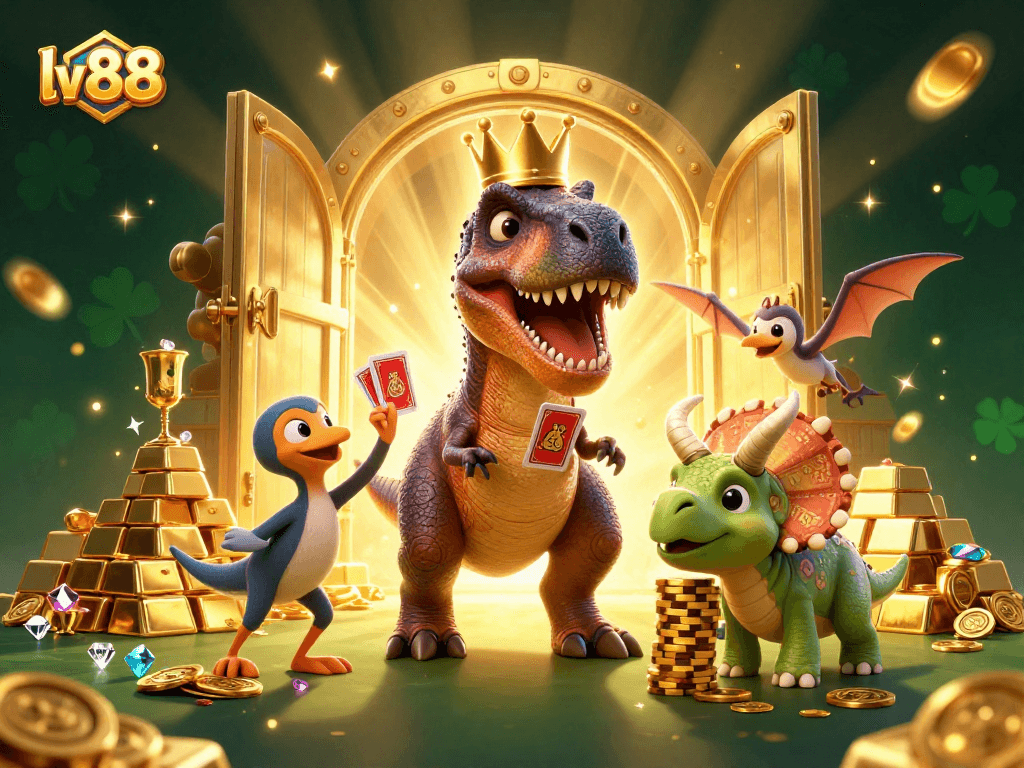 Experience the excitement of lv 88 with friendly T-Rex card shuffling and baby triceratops stacking chips.
