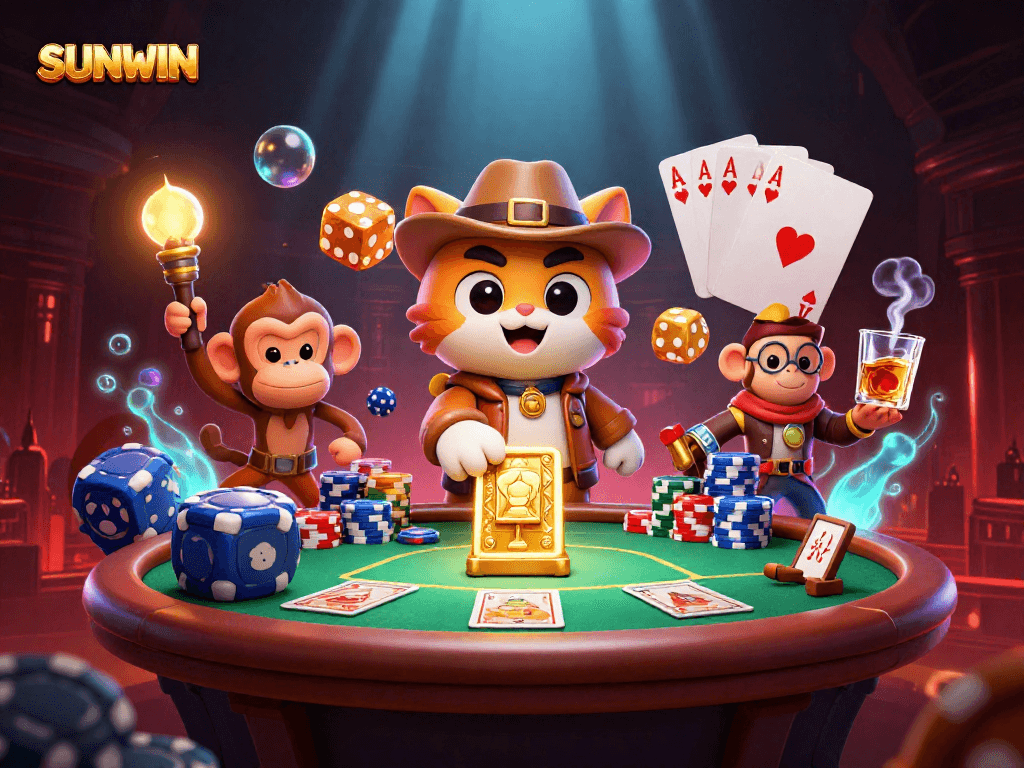 SUNWIN unveils a thrilling 3D adventure with a cat archaeologist exploring a golden casino artifact surrounded by poker elements.