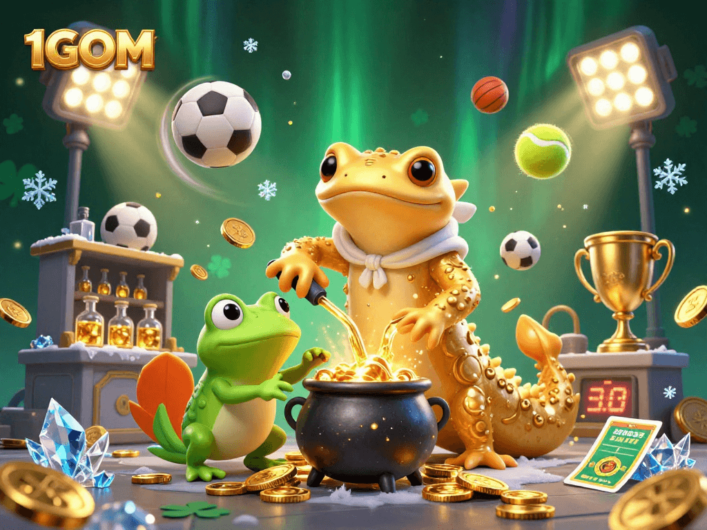 1GOM alchemist magically transmuting sports betting elements into gold coins in a vibrant 3D illustration.