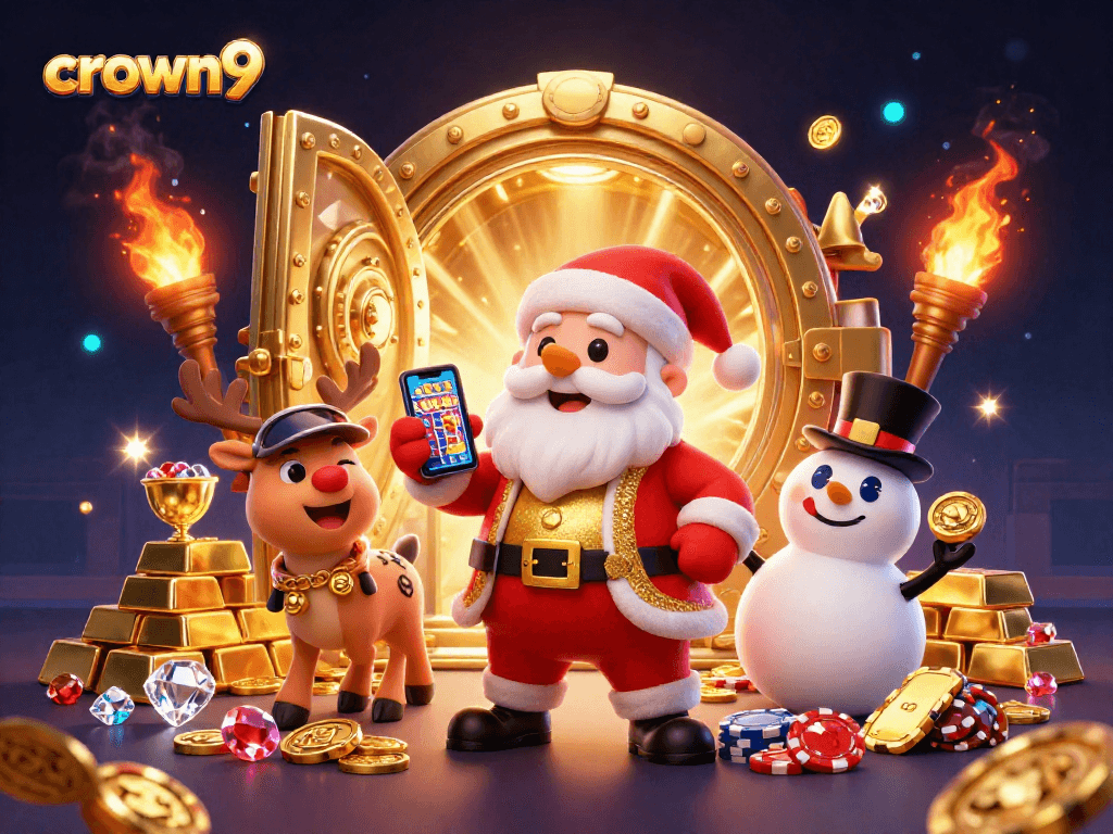 Crown9 casino illustration with Santa, reindeer dealer, and poker chip snowman amid golden treasures and jackpot slots.