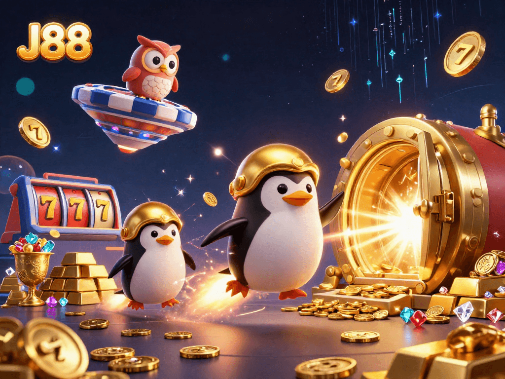 Experience J88 excitement with a golden penguin soaring to fortune in vibrant casino space!
