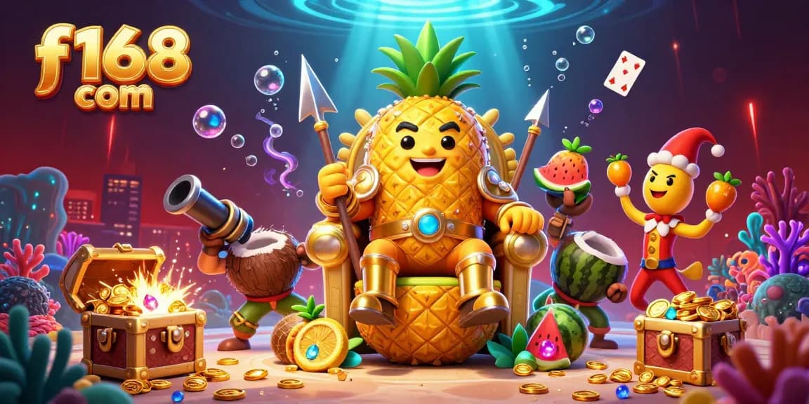 Engage with exciting moments at f168 com as players enjoy a vibrant beach casino atmosphere featuring the golden pineapple king.