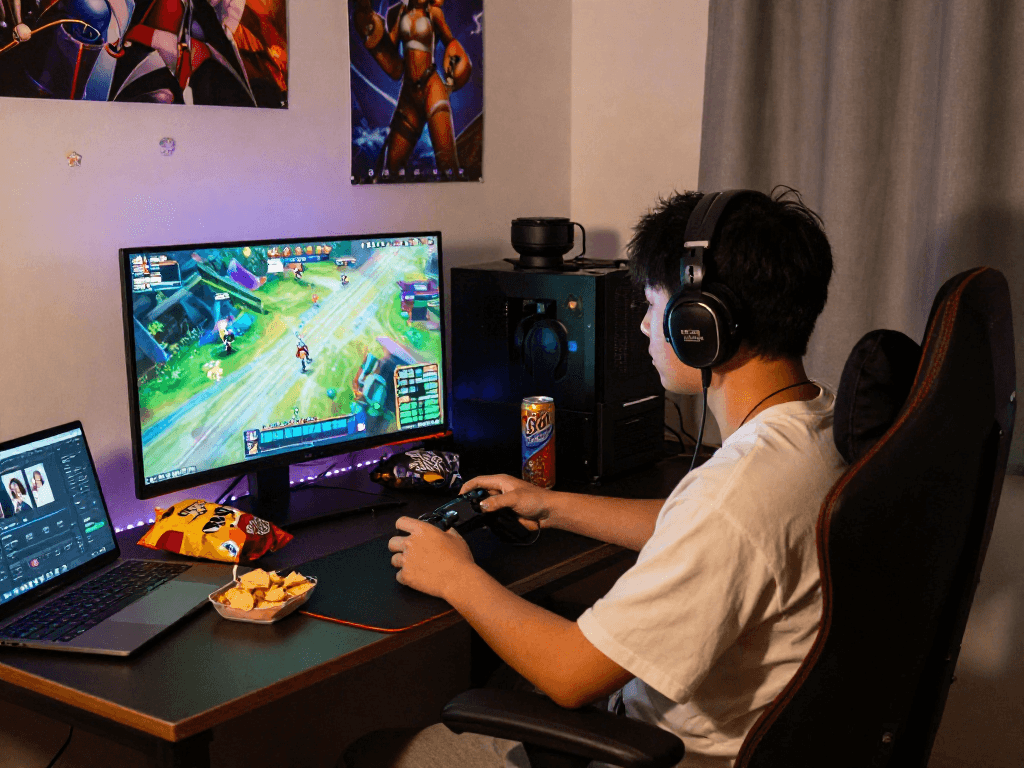 Excited gamer playing free sex games online in a cozy room, vibrant graphics on screen