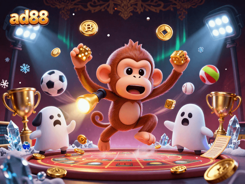 ad88 showcases an imaginative casino scene with a playful poltergeist monkey juggling golden objects, captivating players.