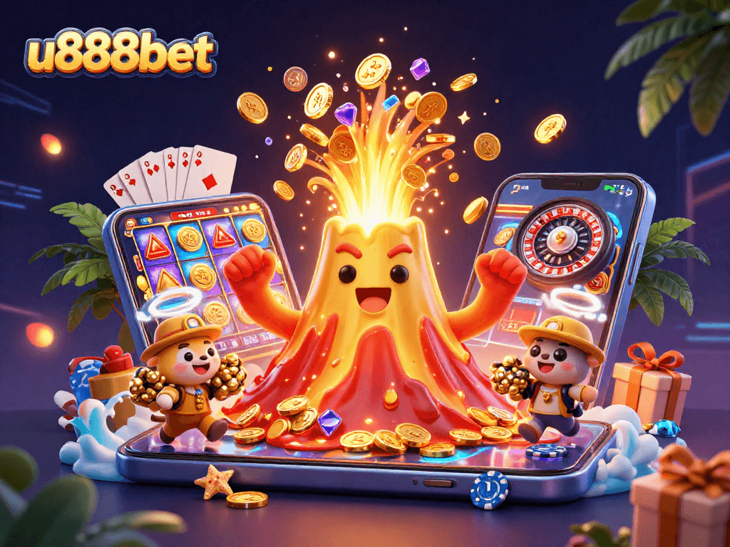 Experience the thrilling u888bet action with a golden volcano erupting coins and treasures accompanied by lively gaming elements.