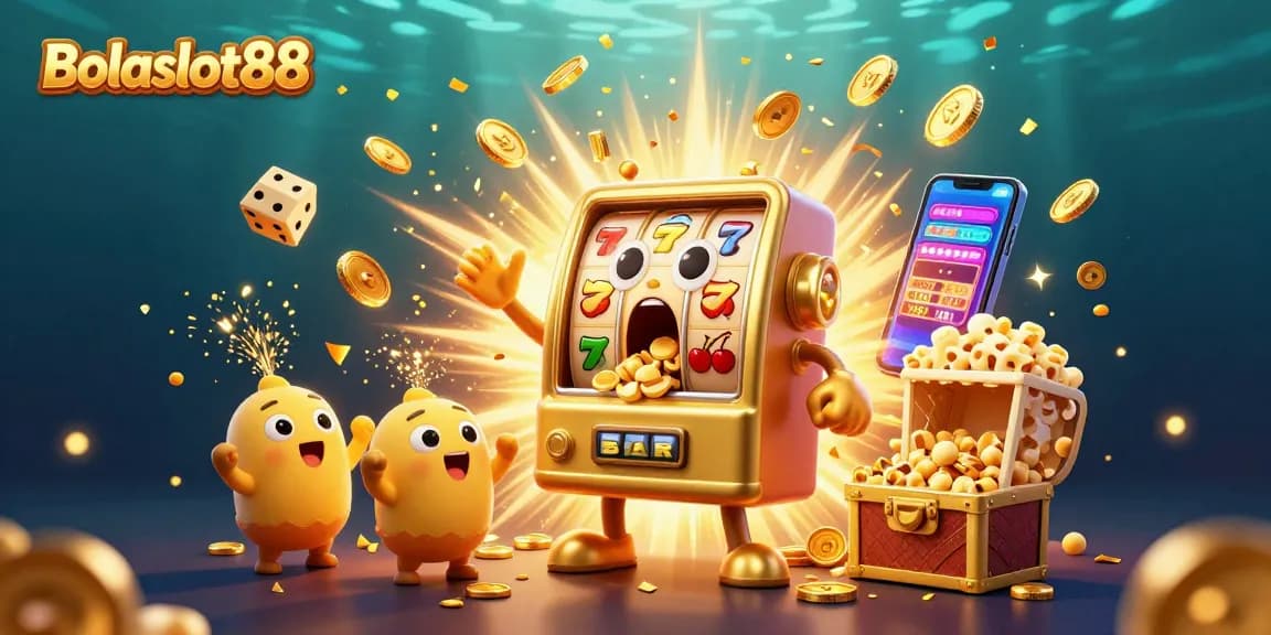 Bolaslot88's exciting slot machine jackpot celebration with vibrant casino elements.