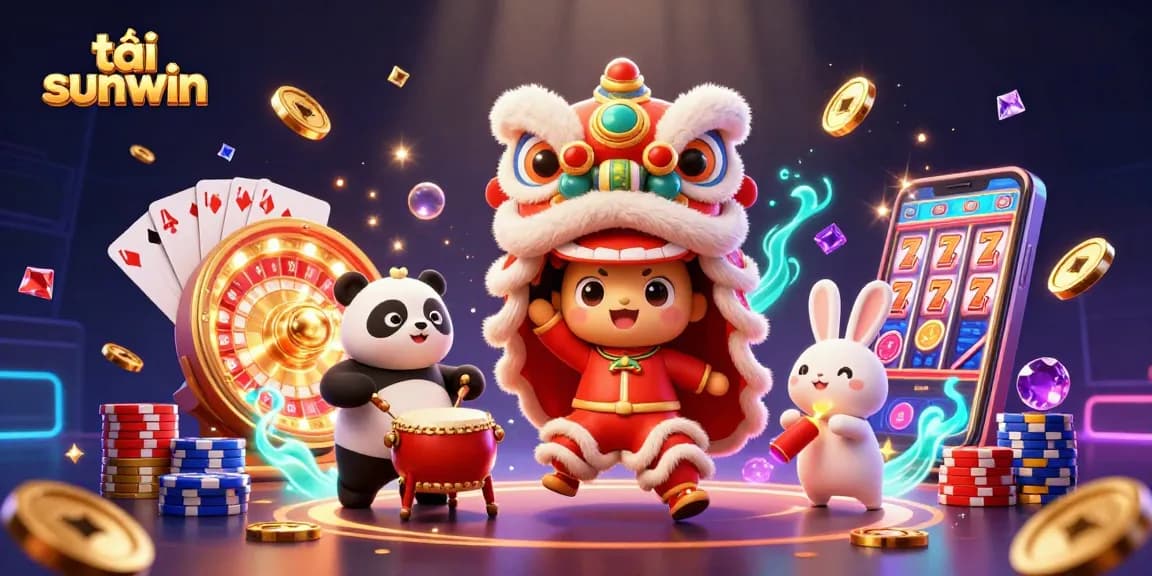 Engage with tải sunwin by experiencing dynamic casino adventures featuring a lion dance and festive decorations.