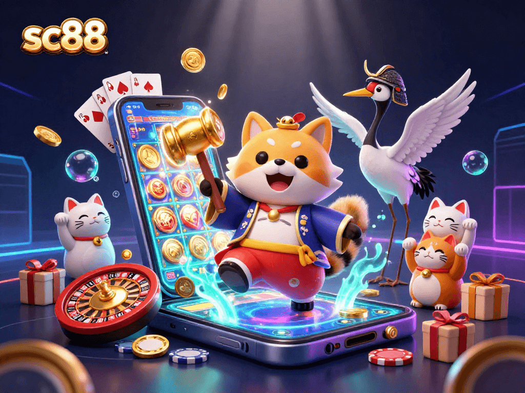 Join the fun at sc88 with a cheerful tanuki, crane, and lucky cats surrounded by vibrant casino elements.