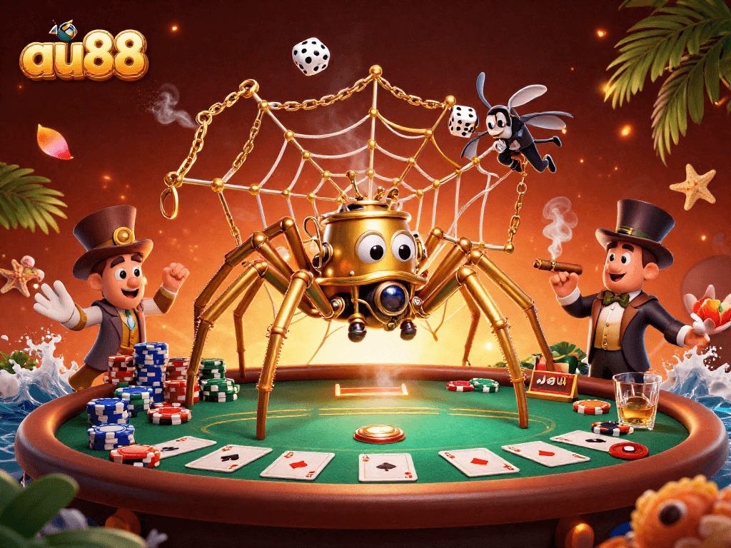 Experience thrilling gameplay at au88 with a dynamic scene of poker, a golden spider, and steampunk elements.