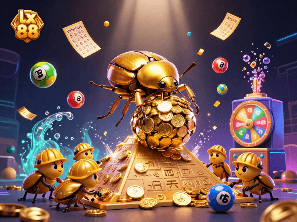 Experience the thrill of lx 88 as colorful lottery balls and golden symbols create a vibrant casino scene.