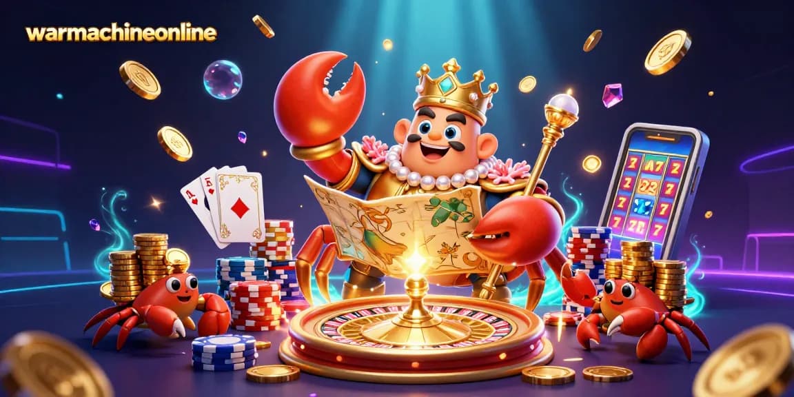 Experience stunning gameplay features of warmachineonline with a golden crab casino theme illustration.