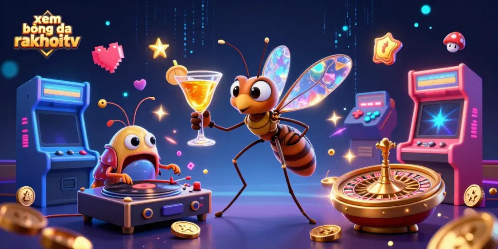 Experience the excitement of xem bóng đá rakhoitv with vibrant casino-themed visuals featuring 3D animated characters.