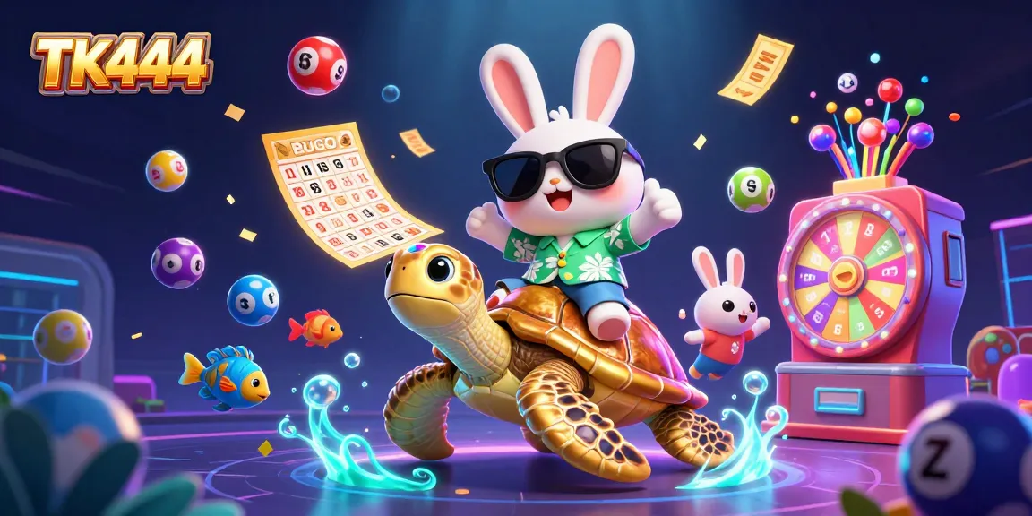 Engage with TK444's vibrant gambling world, featuring a lucky rabbit and golden sea turtle in a dynamic 3D scene.