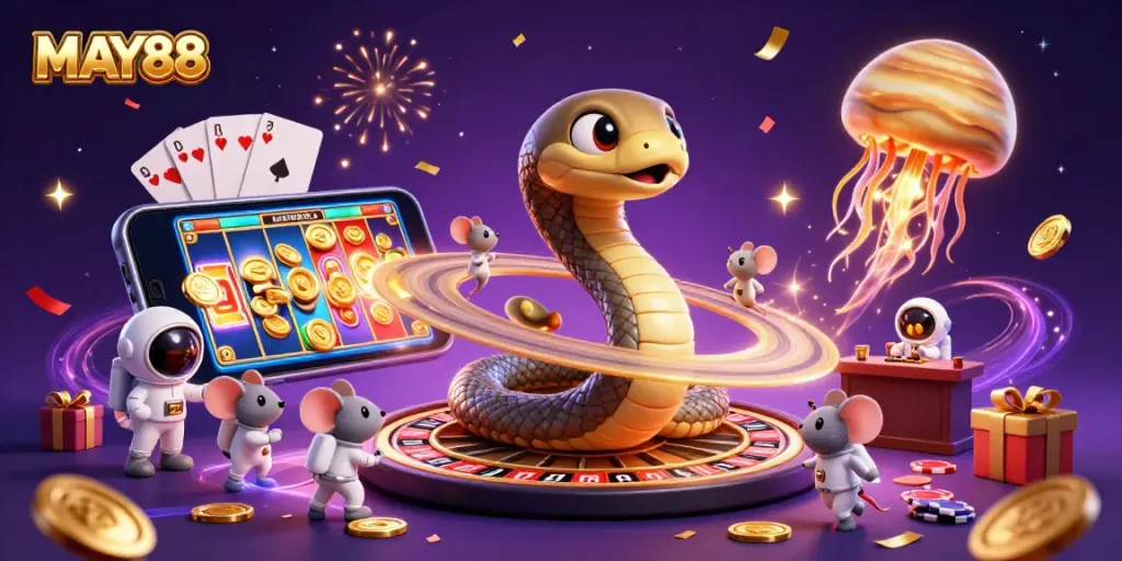 MAY88's roulette-themed cosmic scene with astronaut mice betting, showcasing energetic gambling elements.