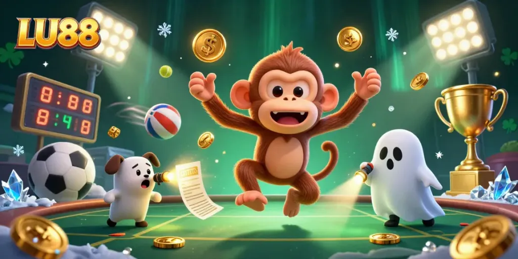 Engage with LU88 by witnessing a playful scene of a poltergeist monkey juggling gold in a haunted casino