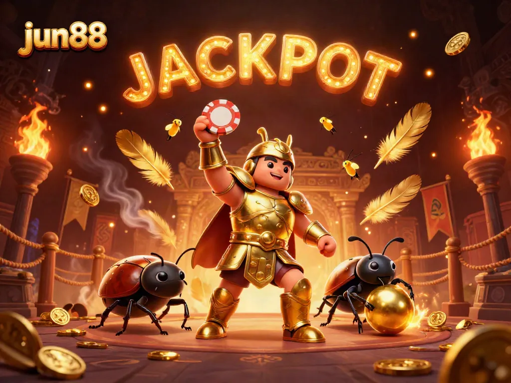 Join the thrilling jun88 adventure as a victorious beetle lifts a poker chip amidst a dynamic casino scene.