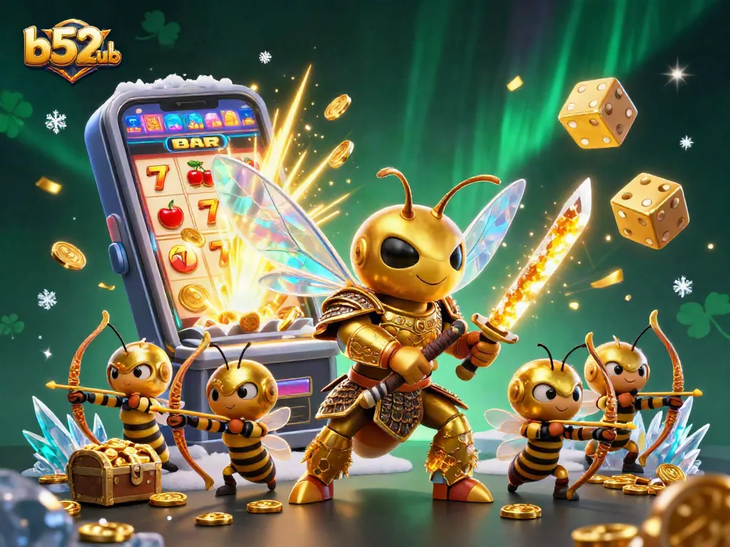 Buzz into b52club with an epic jackpot explosion, featuring a samurai hornet amidst vibrant casino elements.