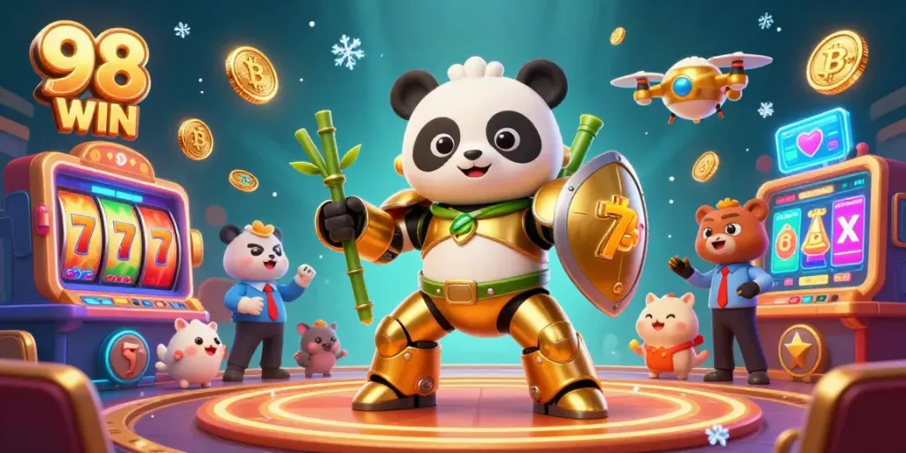 Experience the excitement of 98 WIN in this vibrant 3D casino scene with engaging gaming elements.