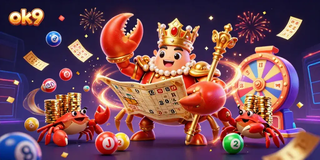 Experience vibrant excitement at ok9 with a golden crab emperor and dynamic casino elements.