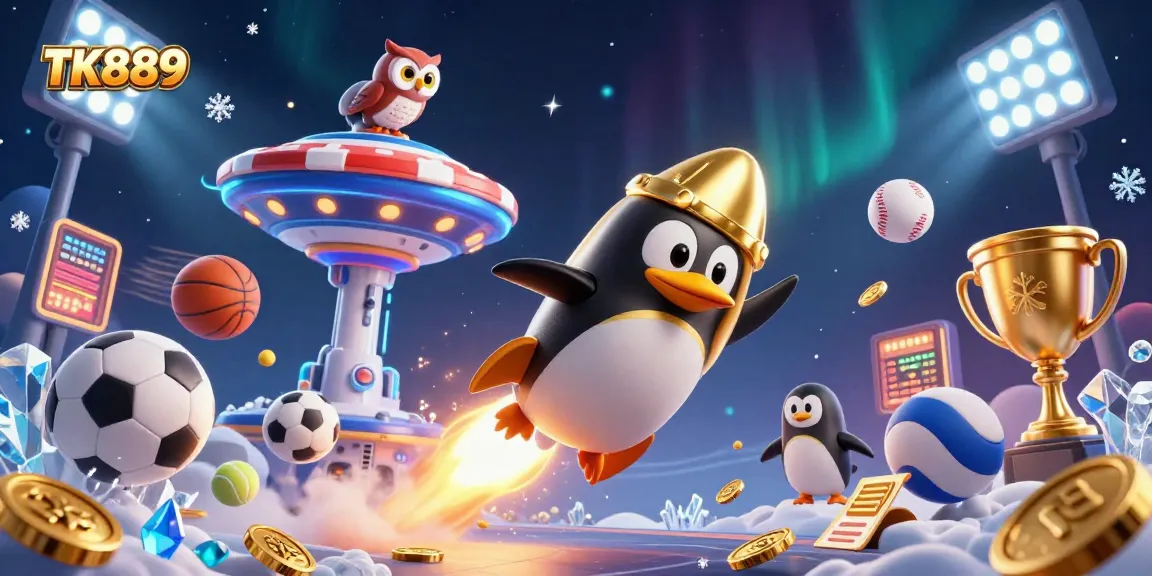 Experience the thrilling adventure with TK889's golden penguin as it races through space toward the ultimate gaming destination.