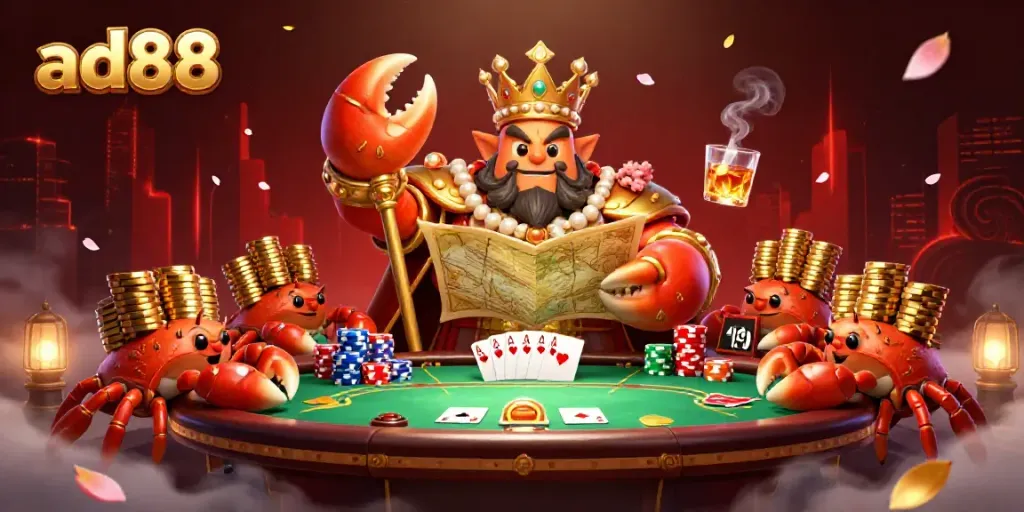Play poker at ad88 with a golden crab emperor in an exciting 3D casino world.