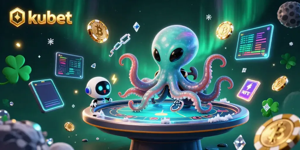 Kubet alien octopus engaging players with holographic poker in a vibrant casino world.