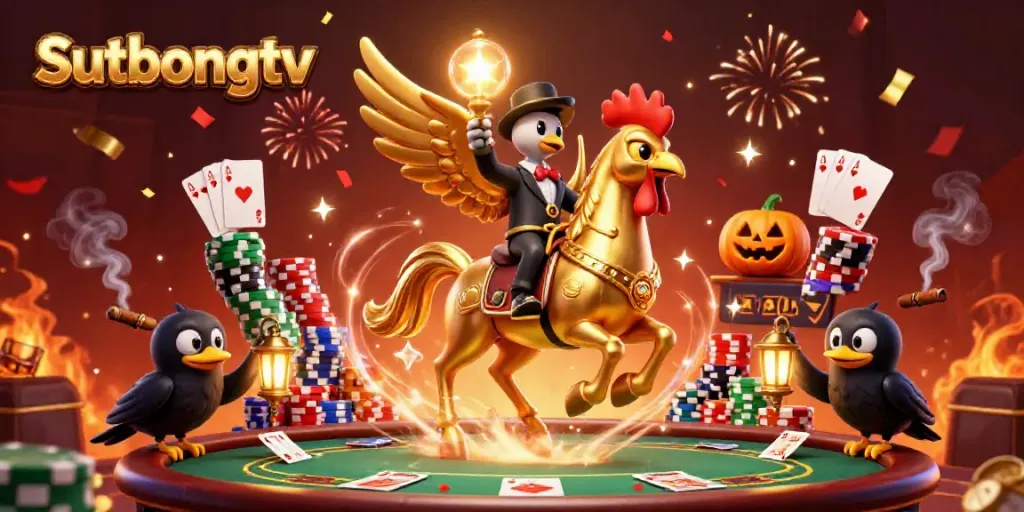 Sutbongtv showcases thrilling casino action with a golden rooster and friends amid vibrant gaming elements.