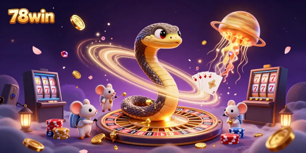 Experience the excitement of 78win as astronaut mice bet on Saturn's roulette rings in a 3D cosmic casino.