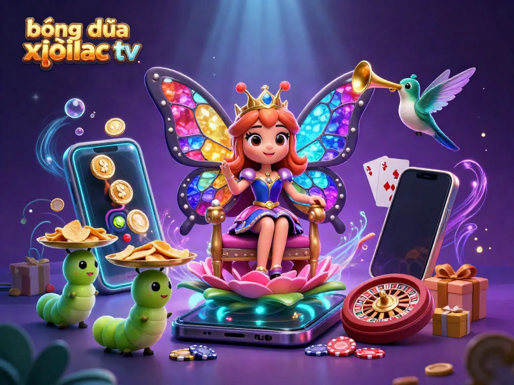 Experience the excitement of bóng đá trực tuyến xoilac tv with a vibrant illustration featuring a butterfly queen and dynamic casino elements.