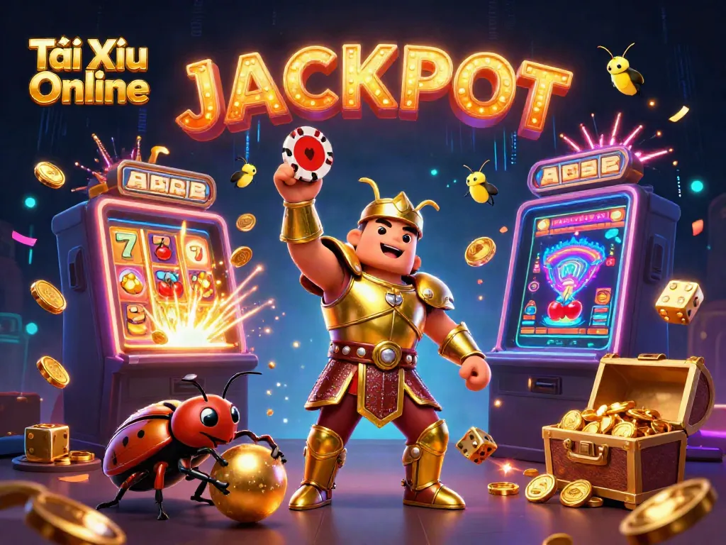 Experience Tài Xỉu Online excitement with a triumphant beetle hero amidst colorful casino elements and jackpot thrills.