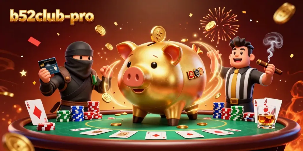 Experience thrilling gaming action with b52club-pro featuring a golden piggy bank wrestler amidst a vibrant casino scene.