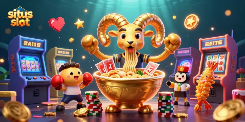 Situs slot scene featuring a giant ramen bowl and sushi characters celebrating with slot imagery and glowing 3D elements.