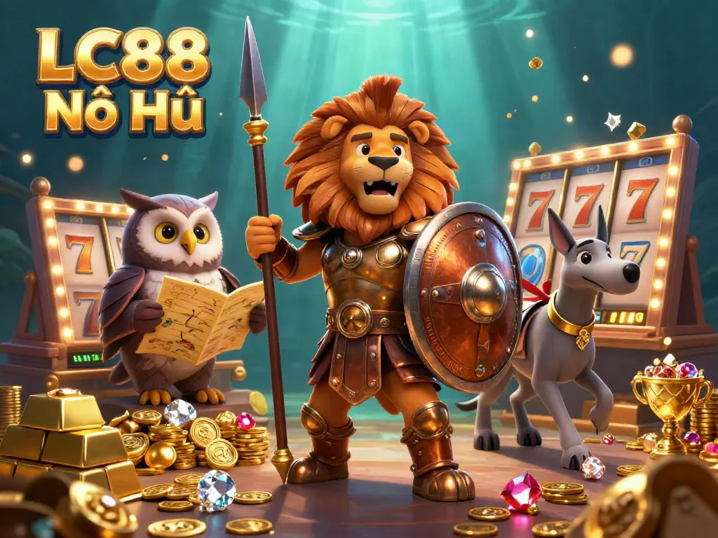 Engage in thrilling LC88 Nổ Hũ gameplay with rich visuals of slot reels, gold treasures, and dynamic characters.