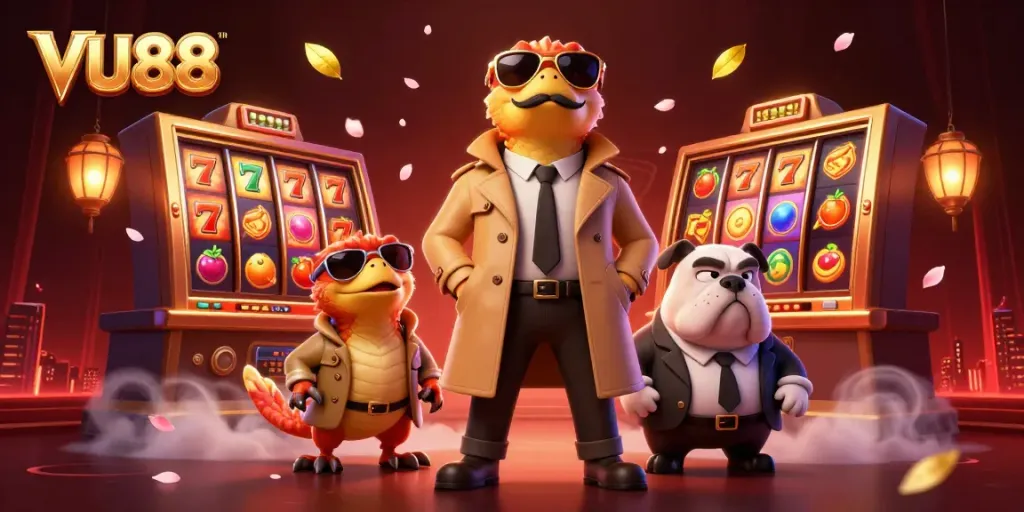 Engage with VU88's vibrant casino atmosphere, featuring raptors and dynamic gaming elements.