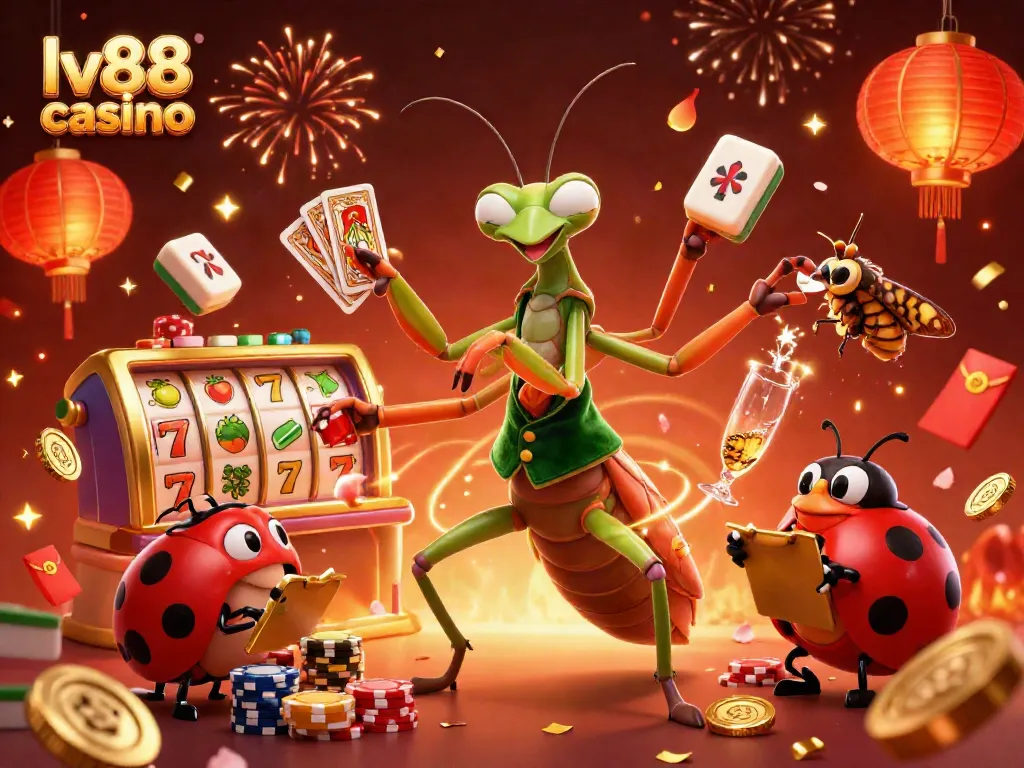 Join the excitement at lv88 casino with vibrant characters and festive gambling elements.