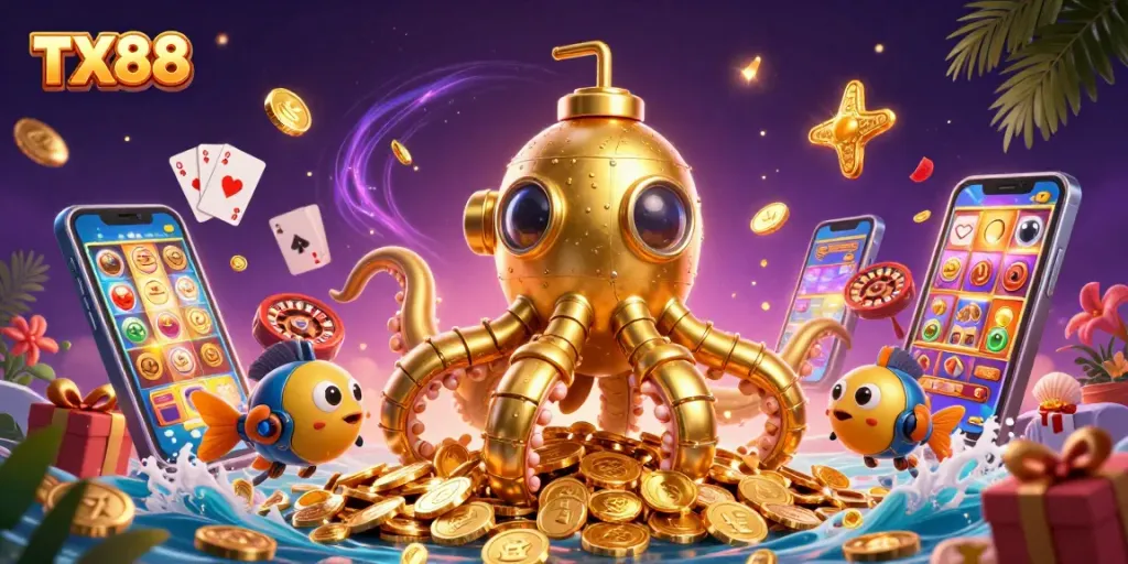 Engage with TX88's thrilling slot games amidst a sea of golden coins and magical elements.