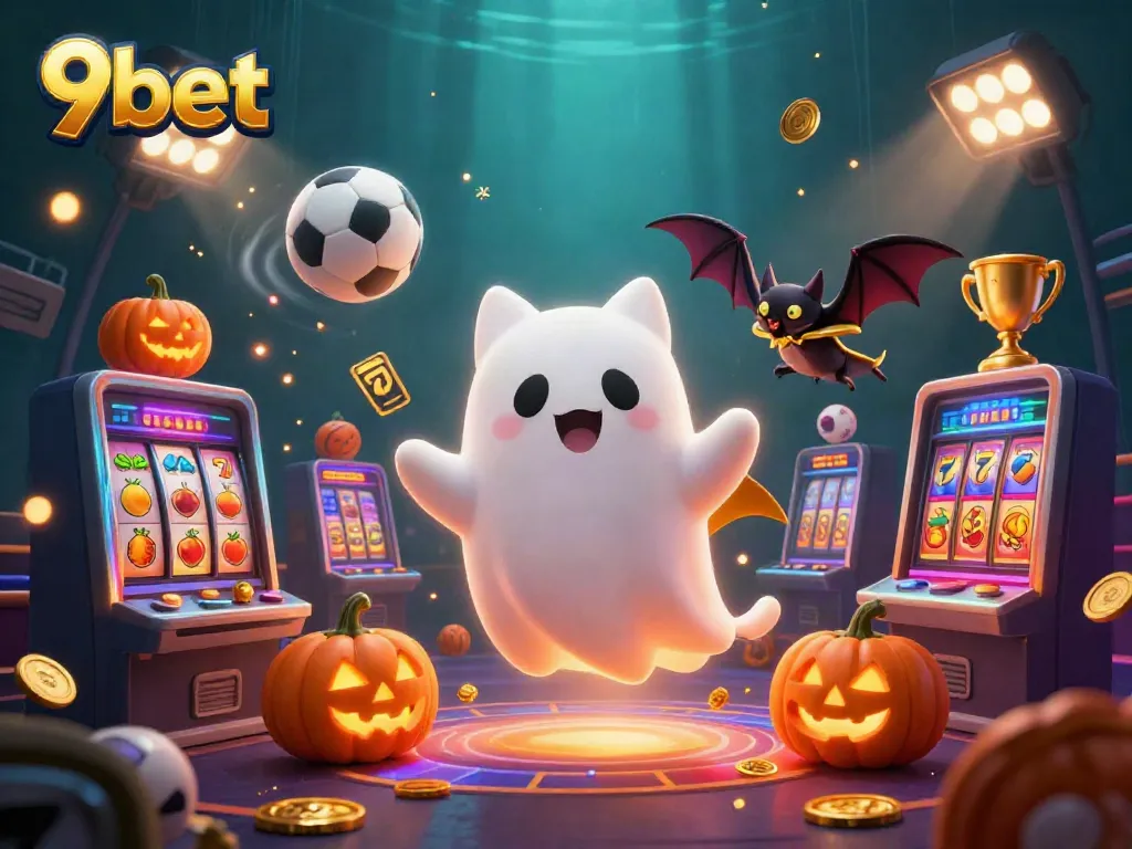 Engage with 9bet's thrilling haunted casino scene featuring a friendly ghost cat, vampire bat, and interactive gaming elements.