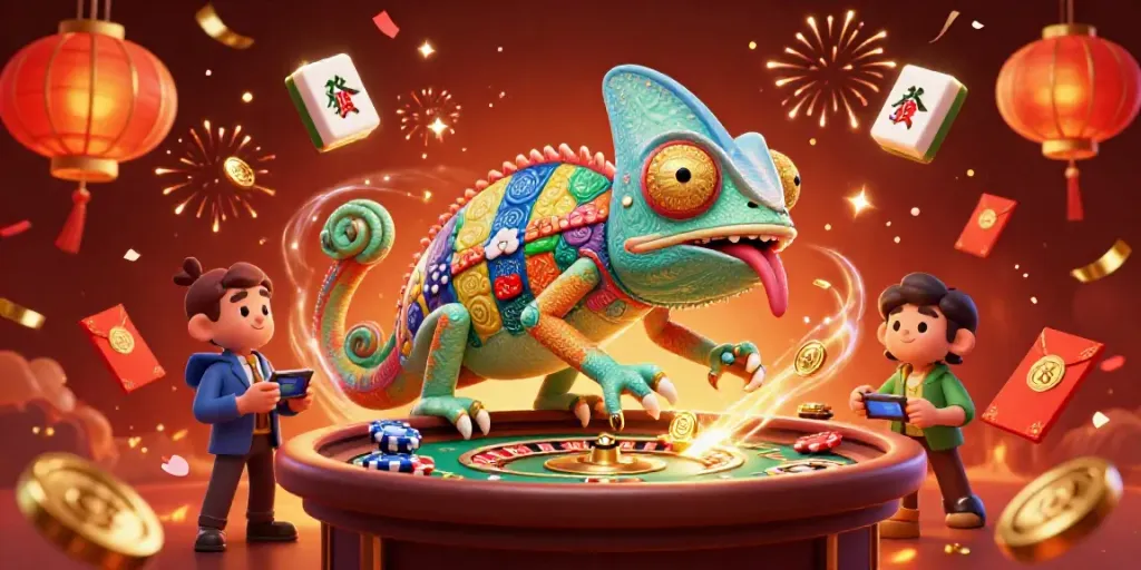 Engage with the vibrant casino world of uu88, highlighted by a lively chameleon owner amidst rich game elements.