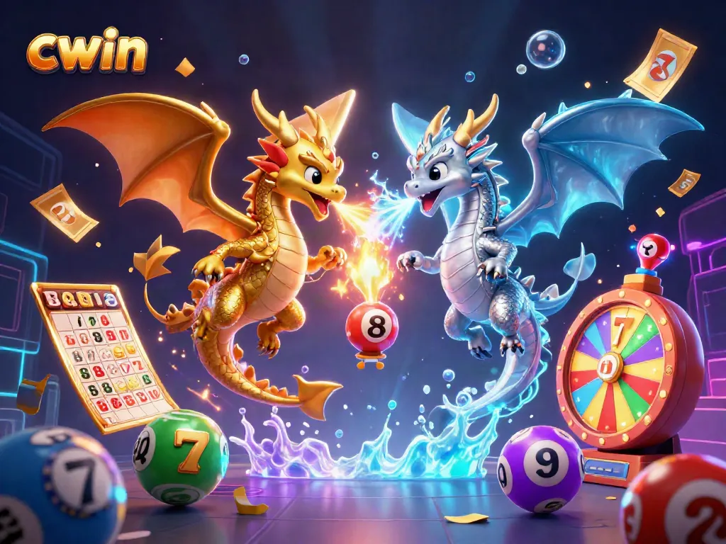 Engage with thrilling games at cwin featuring golden and silver dragons amid a vibrant casino backdrop.