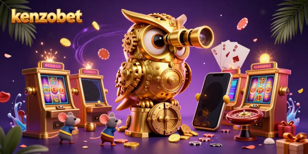 Experience winning moments at kenzobet with a golden owl overseeing a vibrant casino scene.