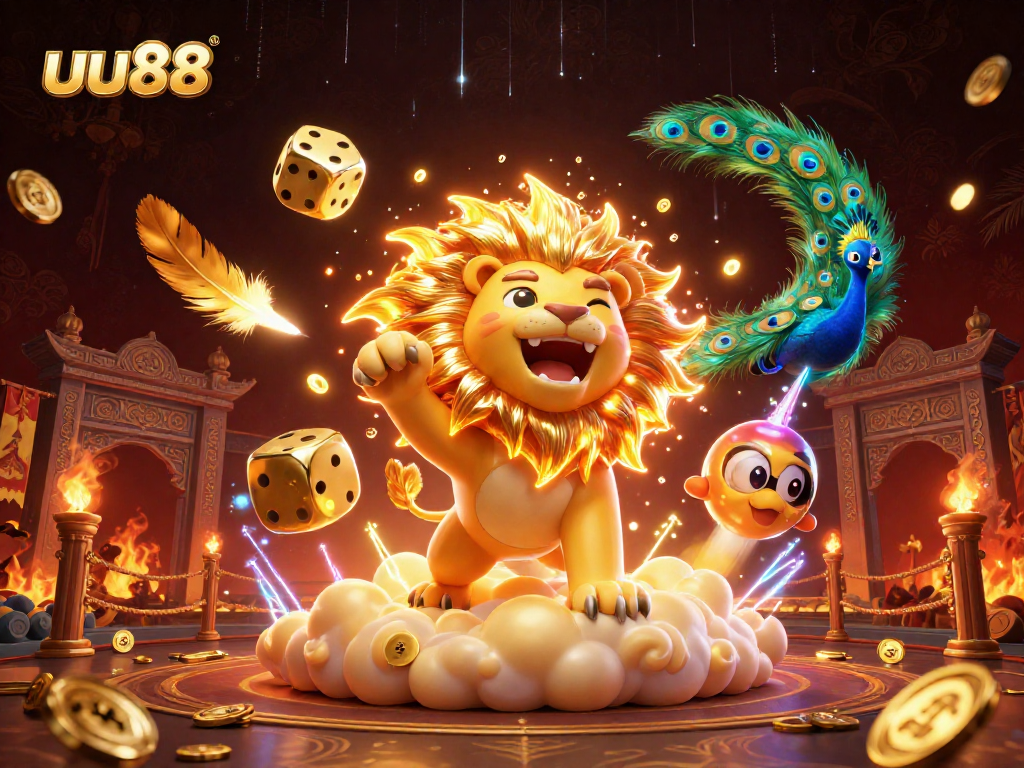 uu88 showcases a triumphant sun lion amidst golden casino elements, creating excitement and anticipation.