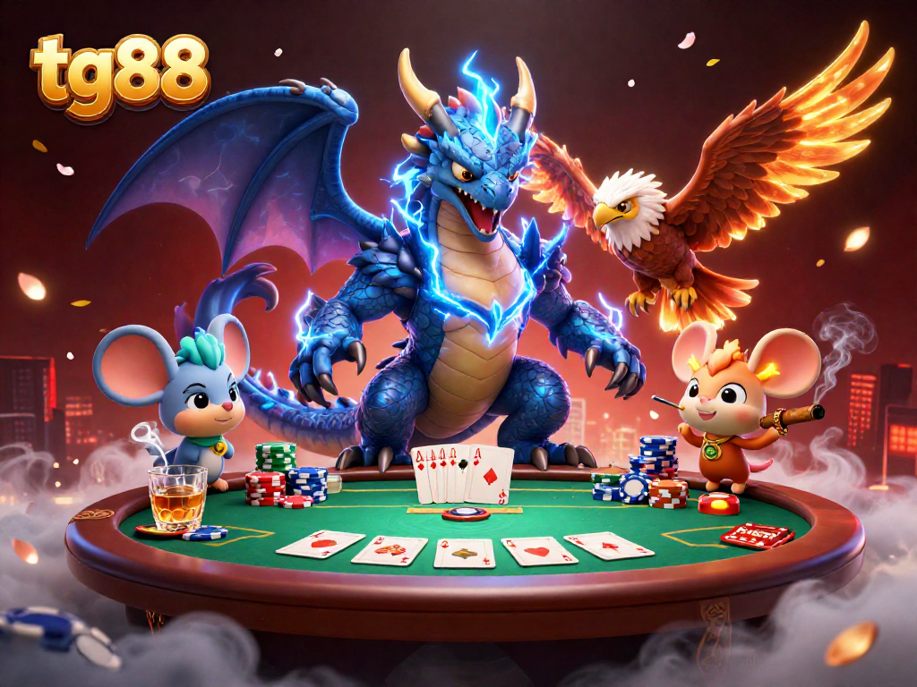 Experience the thrill of tg88 with a dynamic casino scene featuring a thunder dragon and poker elements.