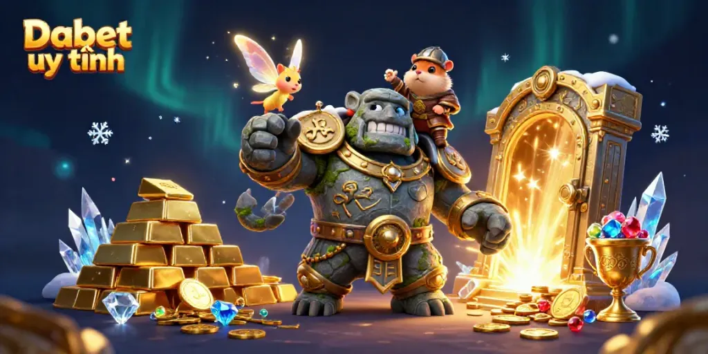 Engage with the magical world of Dabet uy tín featuring a golem guardian, a fairy, and treasure elements.