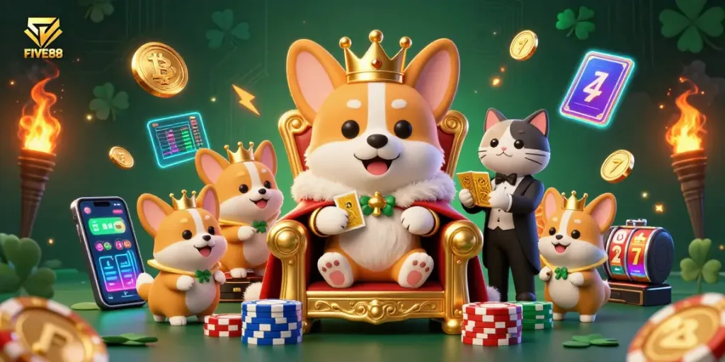 Witness FIVE88’s vibrant casino scene as a royal corgi rules over a dynamic gaming kingdom.