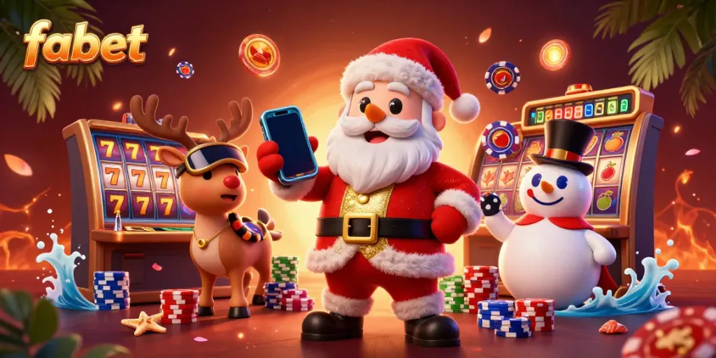 Experience thrilling wins at fabet with a vibrant 3D casino scene featuring Santa and friends enjoying jackpot slots.