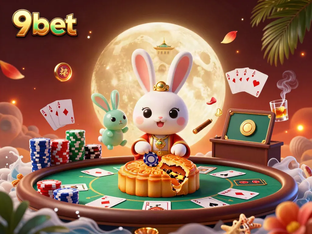 Engage with the vibrant 9bet lunar casino world featuring poker chips, mooncakes, and festive decorations.