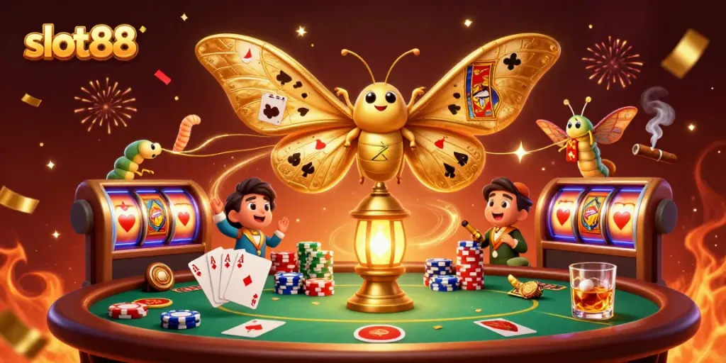 Slot88 menghadirkan ilustrasi kasino ceria dengan karakter unik dan suasana meriah.