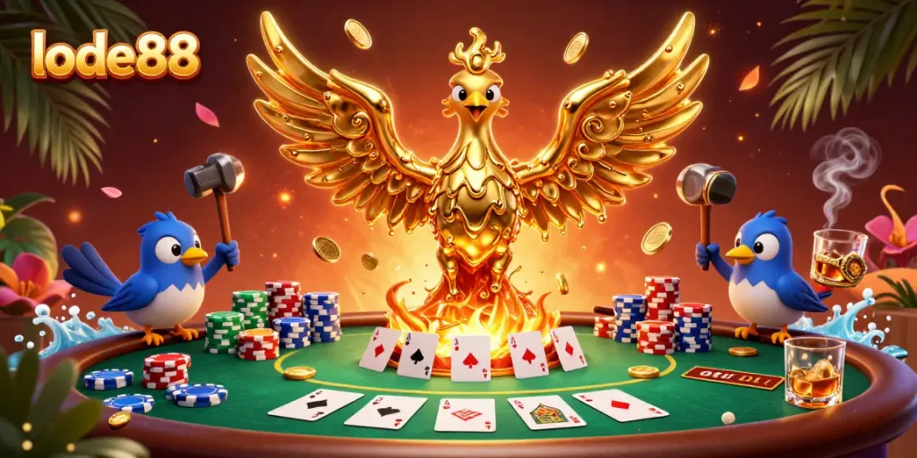 Experience the thrill of lode88 with a dynamic poker scene featuring a molten phoenix and golden coins.