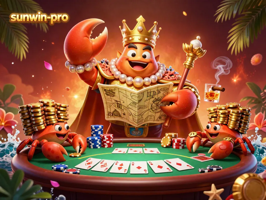 Experience excitement at sunwin-pro with a golden crab emperor ruling over a vibrant poker scene.
