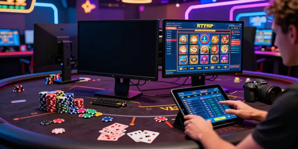 Exciting online gaming scene featuring RTP slot interfaces and vibrant casino decor